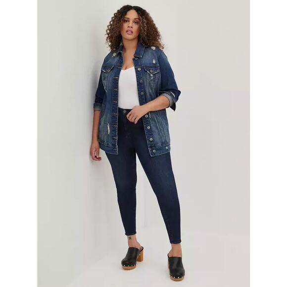 Torrid Distressed Denim Medium Wash Classic Blue Long Line Jacket - Picture 1 of 15